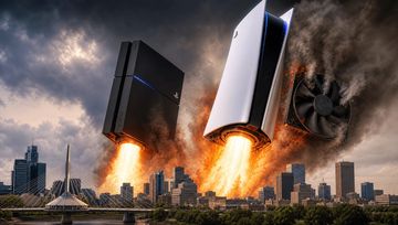 Shows a PS4 and a PS5 Blasting off with jet engine on bottom and dust blowing around over Winnipeg.