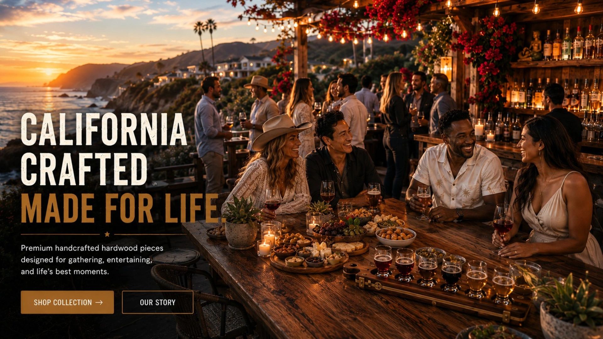 California Crafted, Raymus Maximus, outdoor California bar with wood bar accessories.