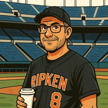 A man in a Ripken baseball jersey holding a coffee cup at a stadium.