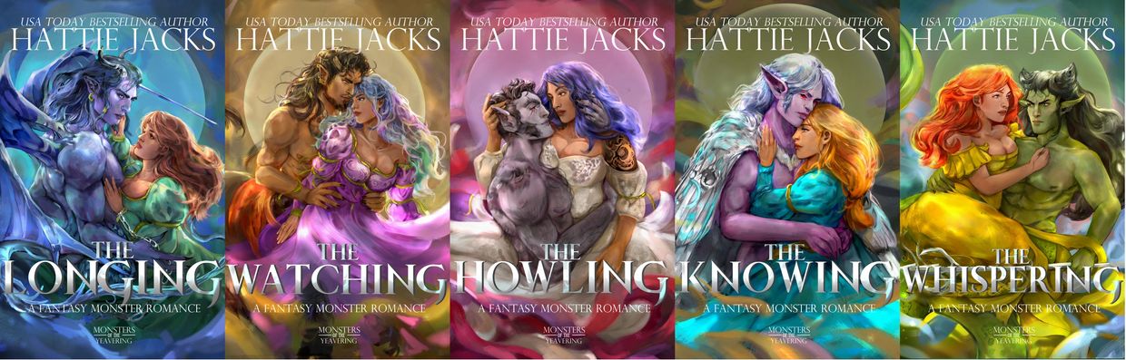 Romantic fantasy book covers featuring couples with monster traits by Hattie Jacks.