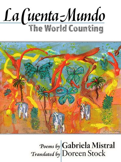 Colorful cover art with butterflies, elephants, and palm trees for a bilingual poetry book.