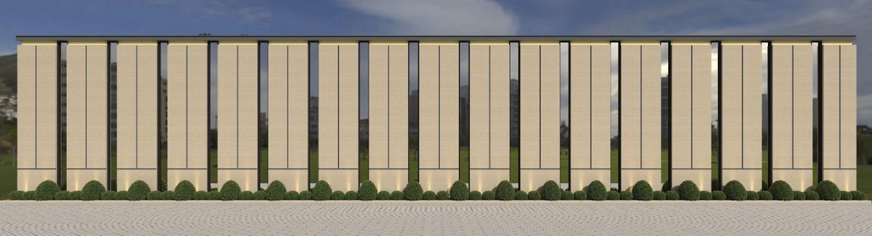 Modern building with vertical beige panels and greenery.