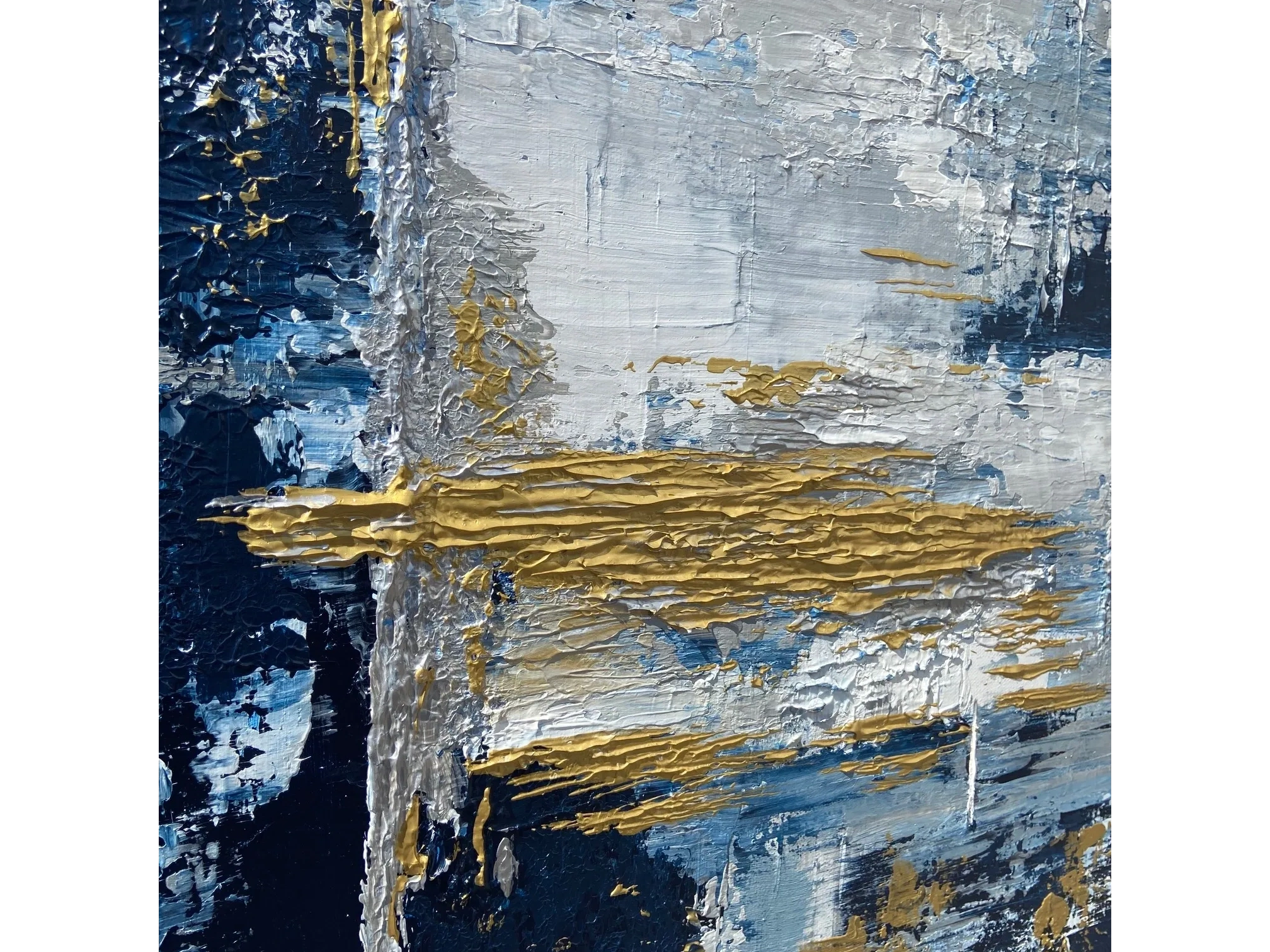 Close up image of the gold and silver texture of a larger abstract painting