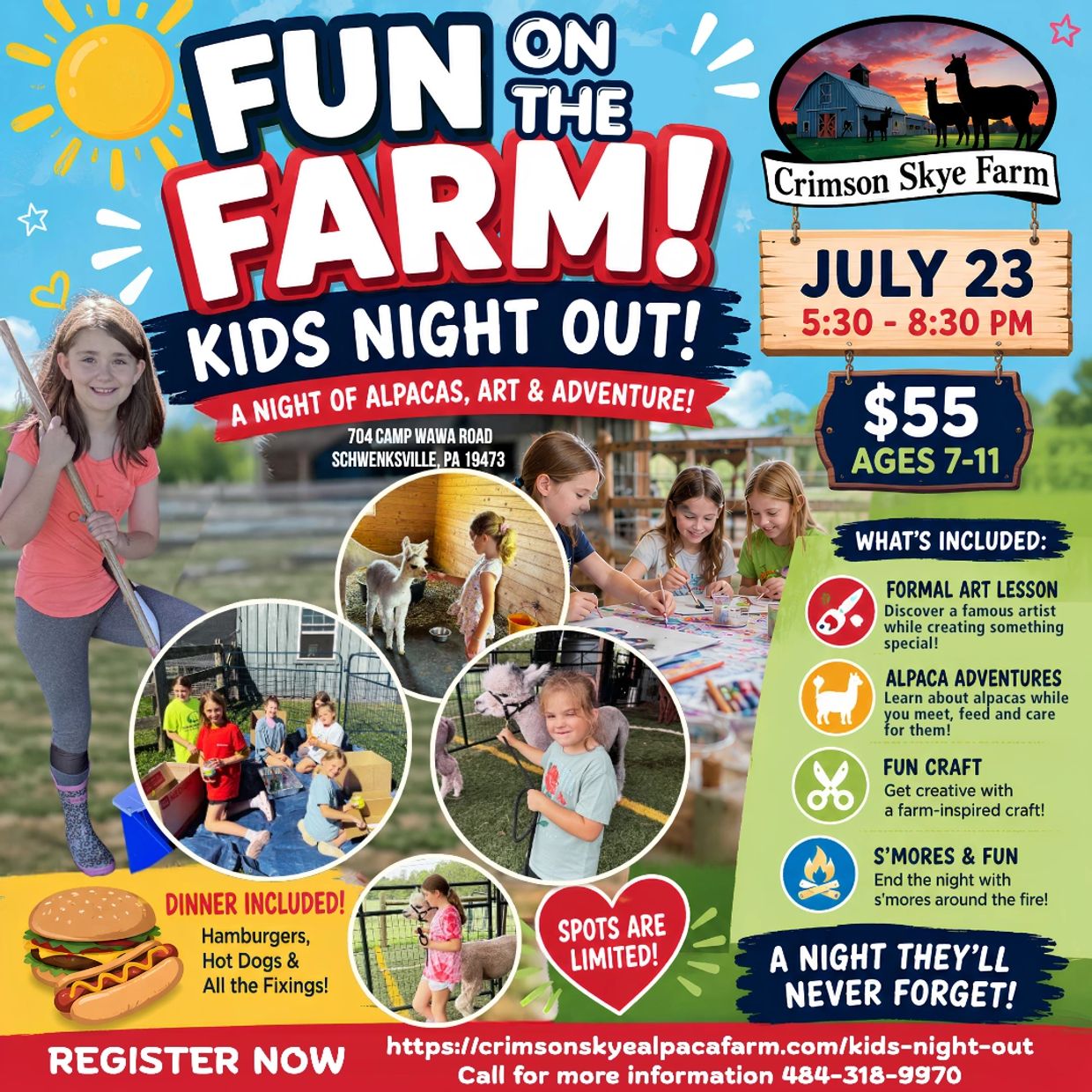 Kids Night Out at Crimson Skye Farm with alpacas, art, crafts, and s'mores.
