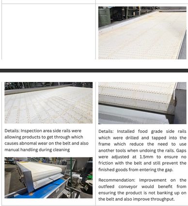 Food-grade conveyor belt with side rails for product handling and cleaning.
