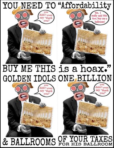 A satirical collage critiquing affordability and taxes with repeated images and bold text.