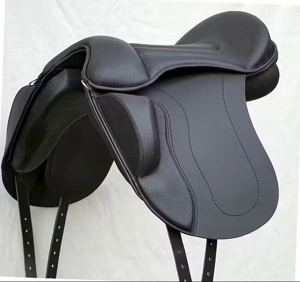 A sleek black leather horse saddle with detailed stitching.
