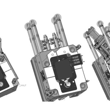 Technical CAD drawings of a mechanical device with cylinders.