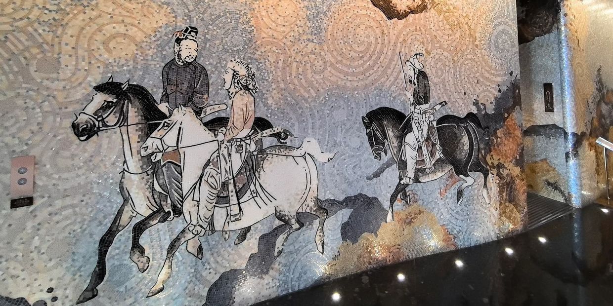 Mural fresco "Silk Road Trade " in Shanghai J Hotel, inlaid with Italian Mosaics