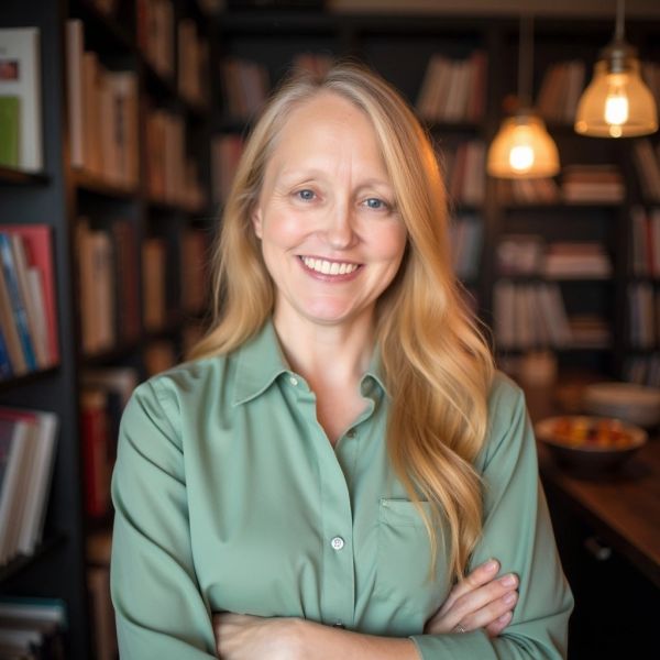 Smiling woman with long blonde hair in green shirt standing in a library.