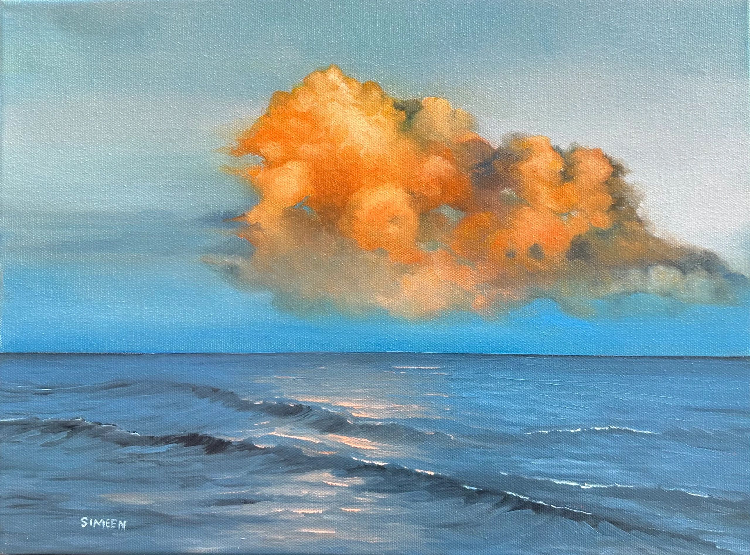 Painting of an orange cloud over a calm blue sea.