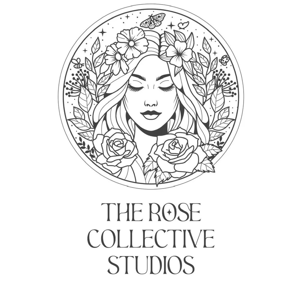 Black and white floral woman logo with text.