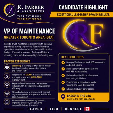 Job spotlight for VP of Maintenance in Greater Toronto Area by R. Farrer &amp; Associates.