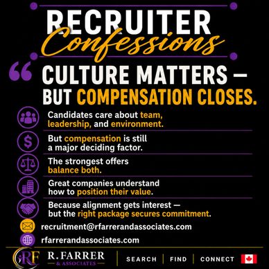 Recruiter confession emphasizing culture and compensation balance in hiring.