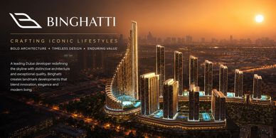 Aerial view of modern Binghatti buildings at sunset in Dubai.
