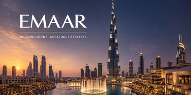 Skyline view of Burj Khalifa with water fountain at sunset.