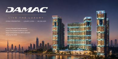 Luxury waterfront property by DAMAC in Dubai at sunset.