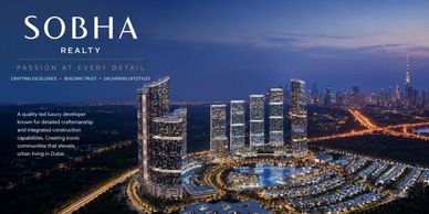 Night view of a luxury real estate development in Dubai by Sobha Realty.