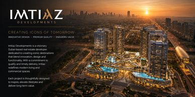 Sunset view of a modern city with Imtiaz Developments logo.
