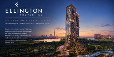 Ellington Properties luxury high-rise building at sunset.