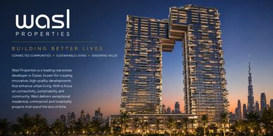 Modern residential towers by Wasl Properties in Dubai at sunset.