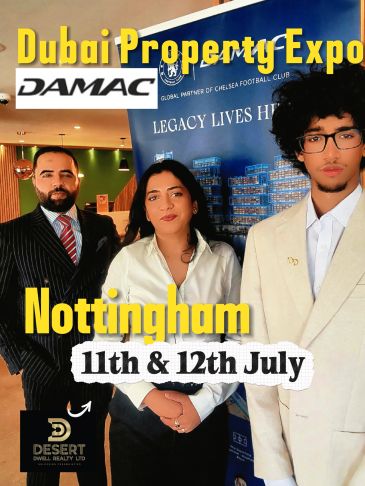 Three professionals at Dubai Property Expo Nottingham event.