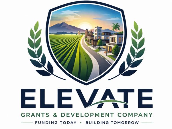 Logo of Elevate Grants &amp; Development Company with a scenic view inside a shield.