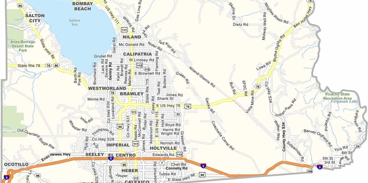 Map of Imperial County, California showing major roads and cities.