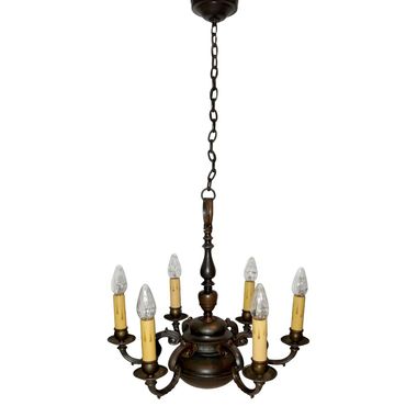 Bronze Dutch style six light chandelier with scrolled arms. Rewired, ready to hang.