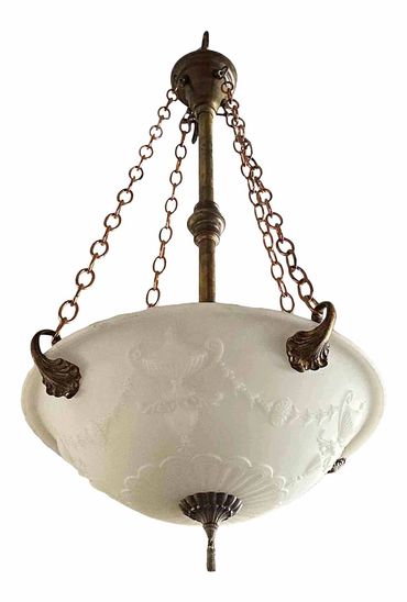 Antique  chandelier. Etched, pressed glass and bronze shade.