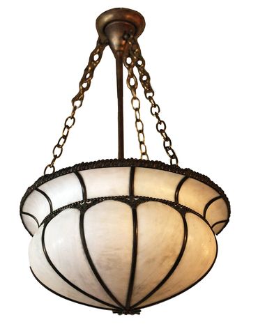 Antique rounded white glass and brass chandelier. 
New York Props