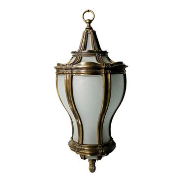 Six sided curved metal and glass hanging lantern.New York Props