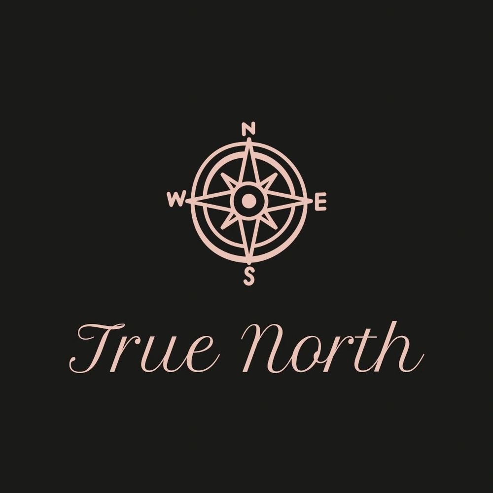 Minimalist compass with 'True North' text in soft pink on black.