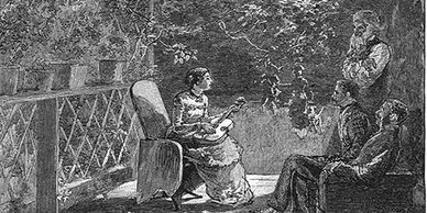 Rosa Dotson Mitchell was the musician of the family, and was likely the one portrayed in this drawing by illustrator Rogers for an article written by A.A. Hayes in 1879 about Dotson's large cattle ranch.