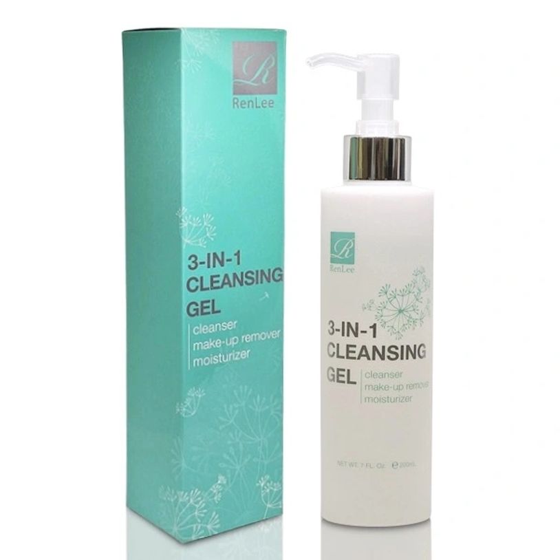 3-in-1 cleansing gel with box and pump bottle.