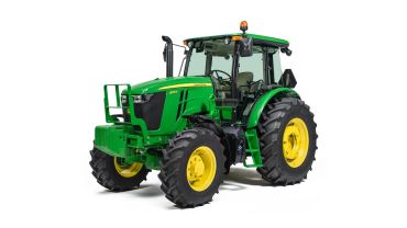 Green John Deere 6105E tractor with yellow wheels on a white background.