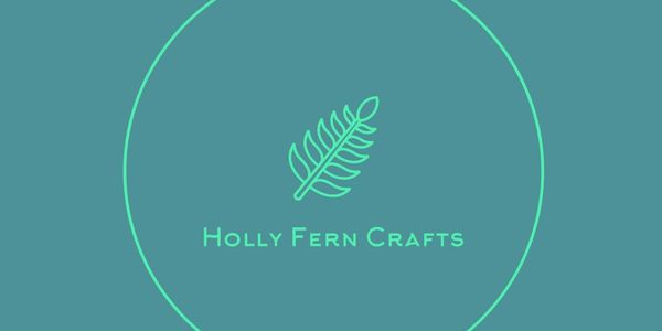 Minimalist logo with a fern leaf and text 'Holly Fern Crafts' inside a circle.