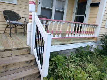 Removed and replaced rotted porch deck boards with green treated tongue & groove boards.  