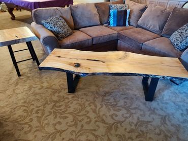 Maple live edge coffee table with matching end table.  Sturdy steel legs. Satin finish.  