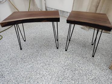 Pair of walnut live edge end tables. 22" tall steel matte finish hairpin legs