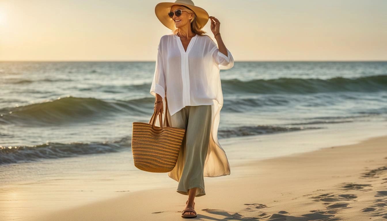 Woman in stylish outfit walking along the beach at sunset.