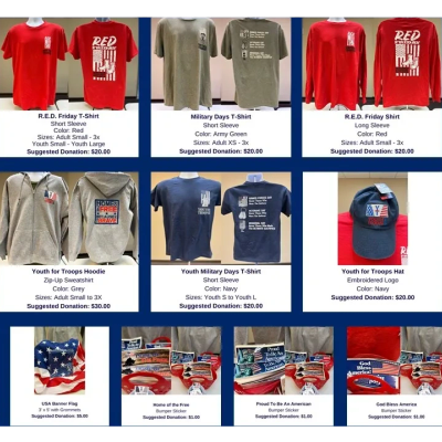 Various red and green military-themed shirts, hoodies, hats, and stickers for donation.