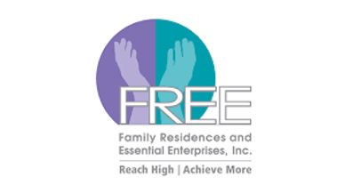 Logo for Family Residences and Essential Enterprises, Inc. (FREE) with two hands in a circle.