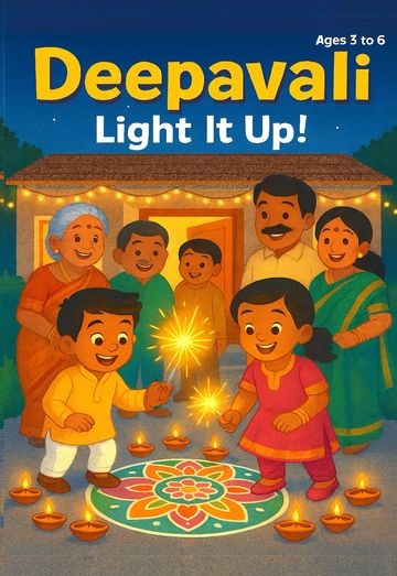 Children and family celebrating Deepavali with sparklers and lamps outdoors.