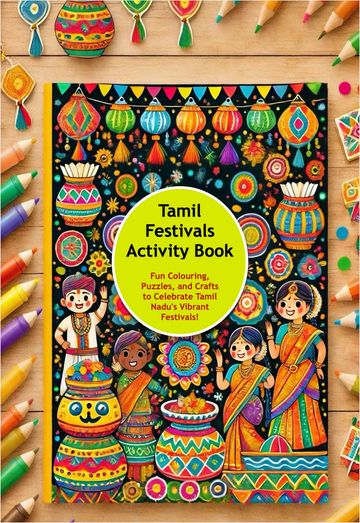 Colorful Tamil Festivals Activity Book cover with traditional art and decorations.