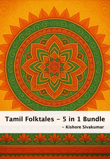 Cover of Tamil Folktales 5 in 1 Bundle by Kishore Sivakumar with traditional orange and green design.