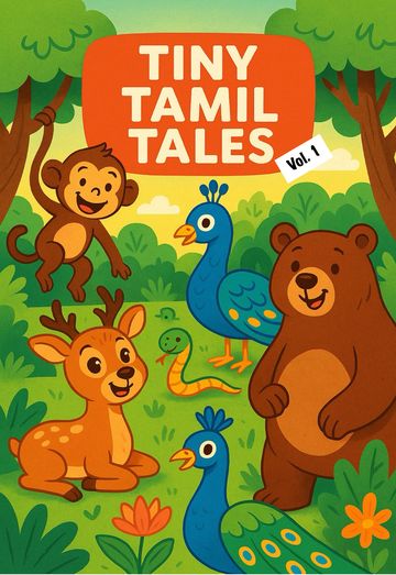 Colorful cover of "Tiny Tamil Tales Vol. 1" with cute forest animals.