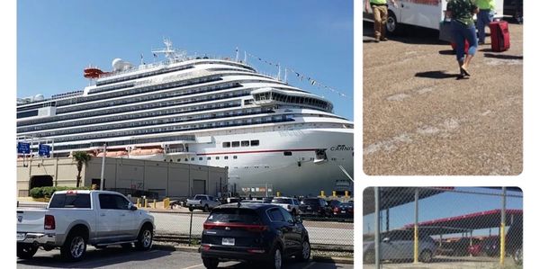 Large cruise ship docked with passengers nearby.