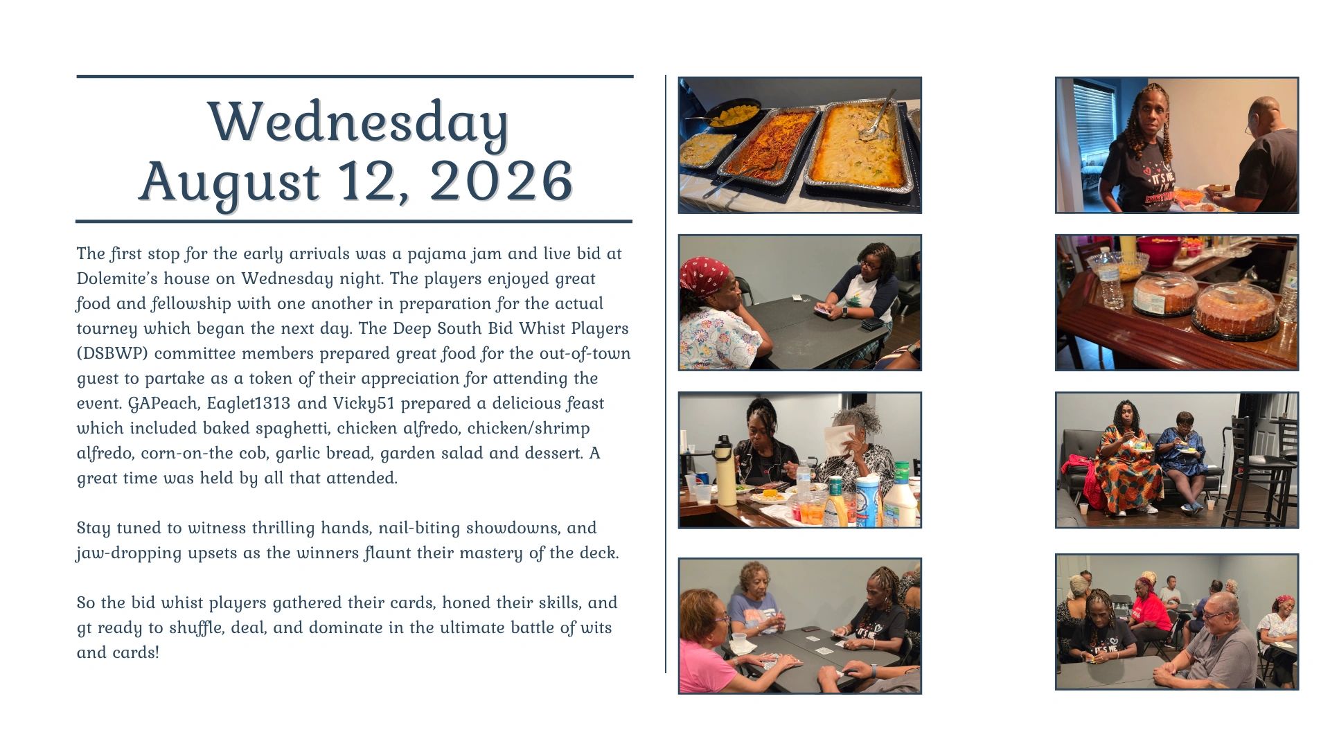Players enjoying food and card games on August 12, 2026.
