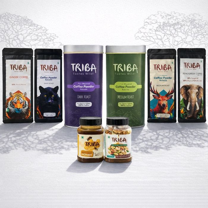 Triba brand coffee powders, honey, and mixed nuts with vibrant animal-themed packaging.